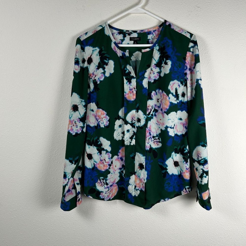 Talbots Blouse Womens 8 Green Multicolor Floral Long Sleeve Split Neck Pullover